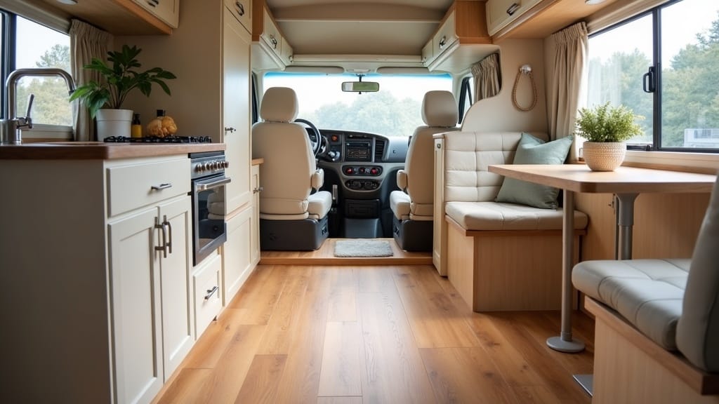 Camper interior with new luxury vinyl plank flooring in warm oak finish