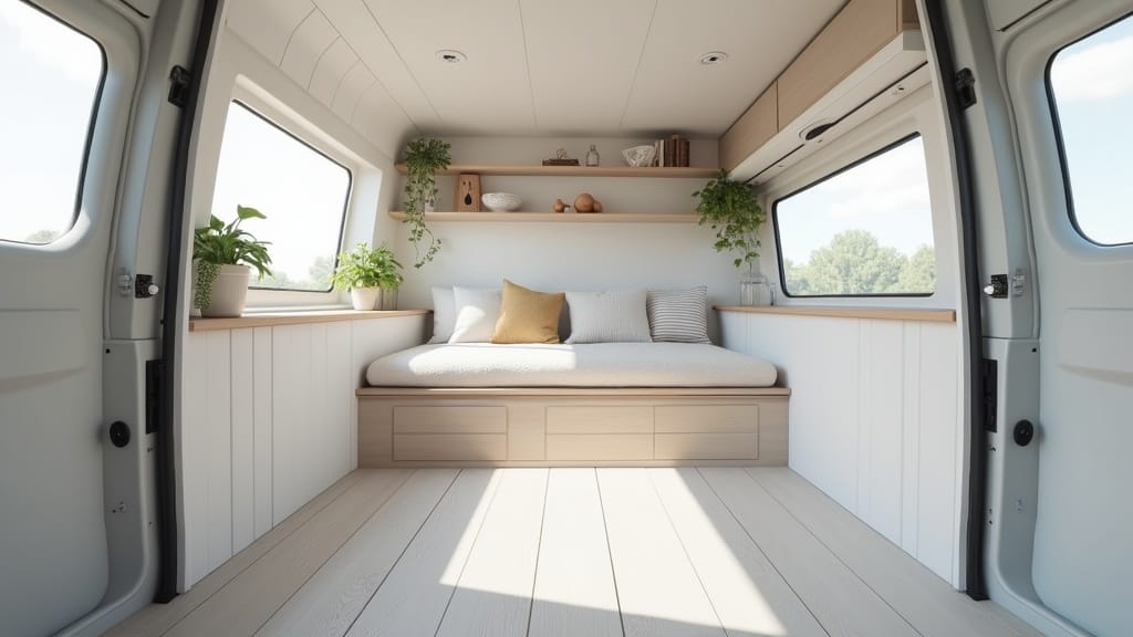 DIY camper van with light gray vinyl plank floor