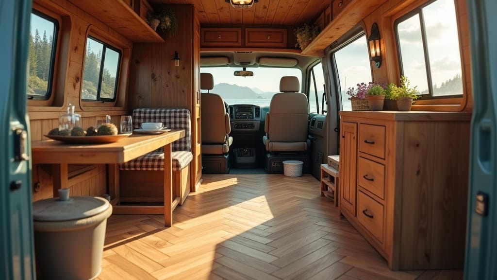 Renovated camper van with herringbone pattern vinyl plank flooring