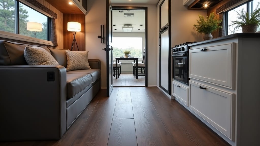 Camper floor transformation with dark espresso vinyl planks