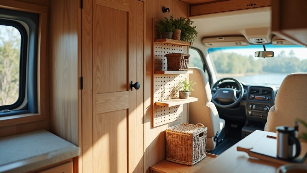DIY camper van entryway with pegboard organizer