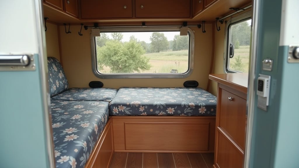 Renovated camper entry area with built-in cubbies