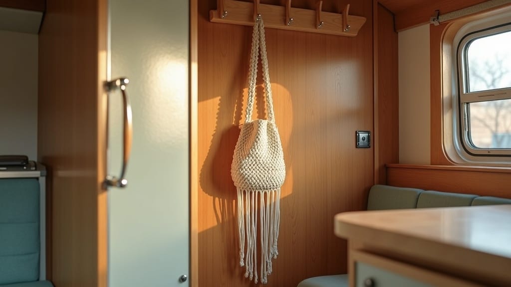 Camper doorway organization with macrame bag holder