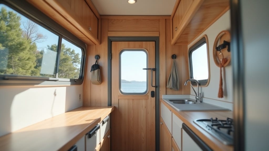 Compact camper entryway with floating shelf