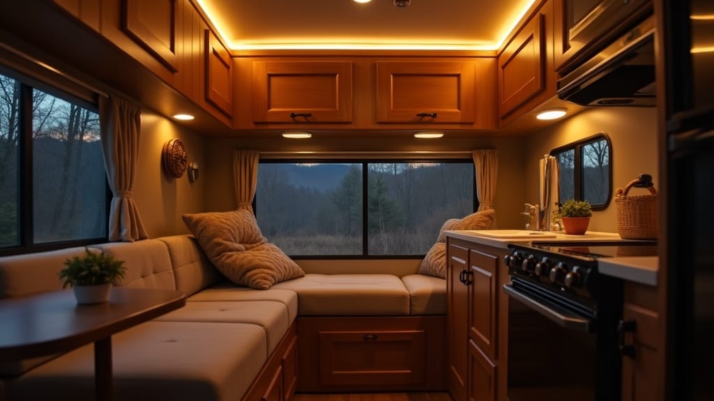 Camper interior with warm white LED strip lights under cabinets and along ceilin