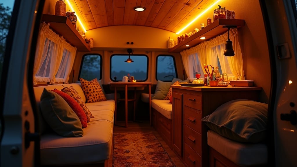 DIY camper van with amber LED mood lighting