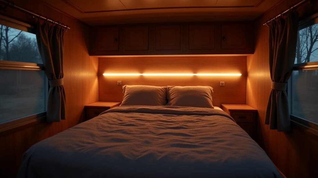 Renovated camper bedroom with LED strip accent lighting behind headboard