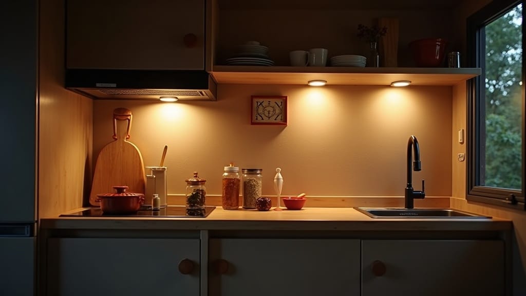 Camper kitchen with under-cabinet LED lighting