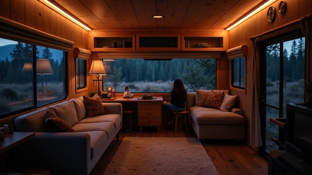 Cozy camper living area with LED strips along ceiling edges
