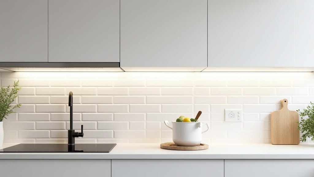 Camper kitchen with peel-and-stick subway tile backsplash in white