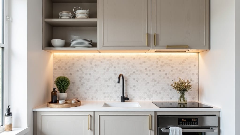 Renovated camper kitchenette with hexagon peel-and-stick backsplash in marble lo