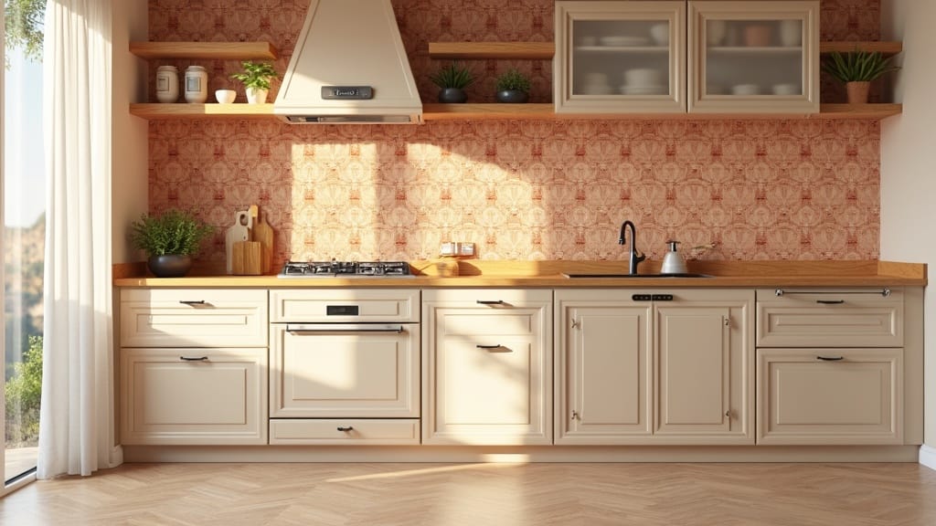 Camper kitchen removable backsplash in terracotta and cream pattern