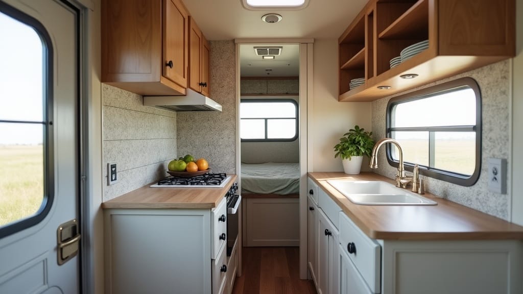 DIY camper van backsplash using adhesive mosaic tiles in sage green