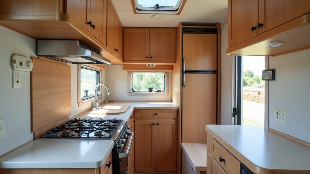 Compact camper cooking area with shiplap-style peel-and-stick backsplash