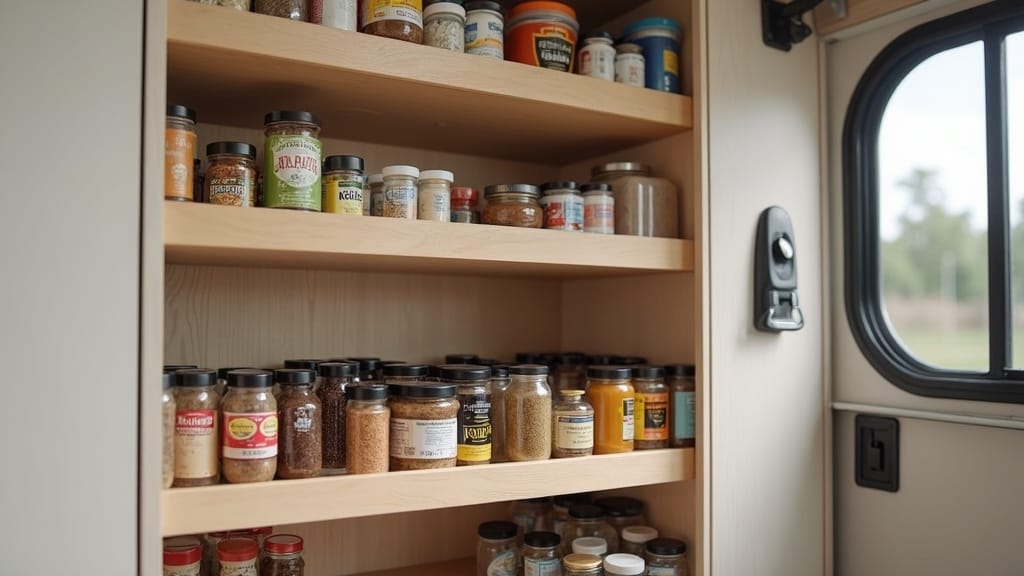 Slim pull-out pantry cabinet in camper kitchen
