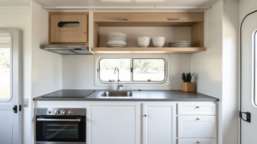 Renovated camper with custom pull-out kitchen storage unit