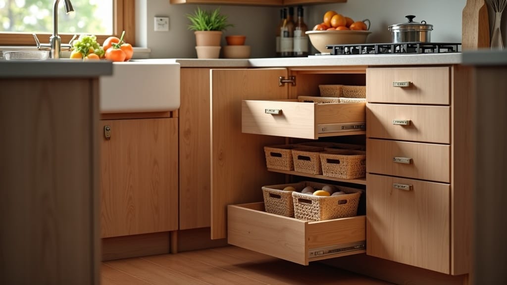 Camper kitchen side pull-out pantry with labeled baskets
