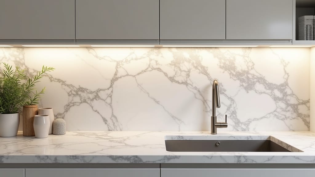 Camper kitchen countertop covered in marble-look contact paper