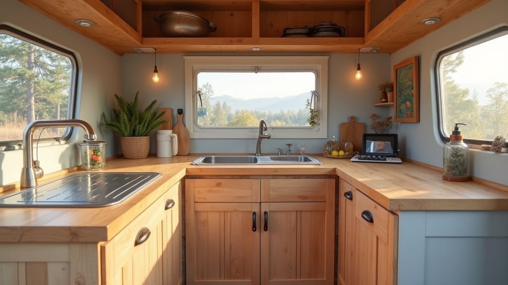 DIY camper van counter with wood grain contact paper wrap