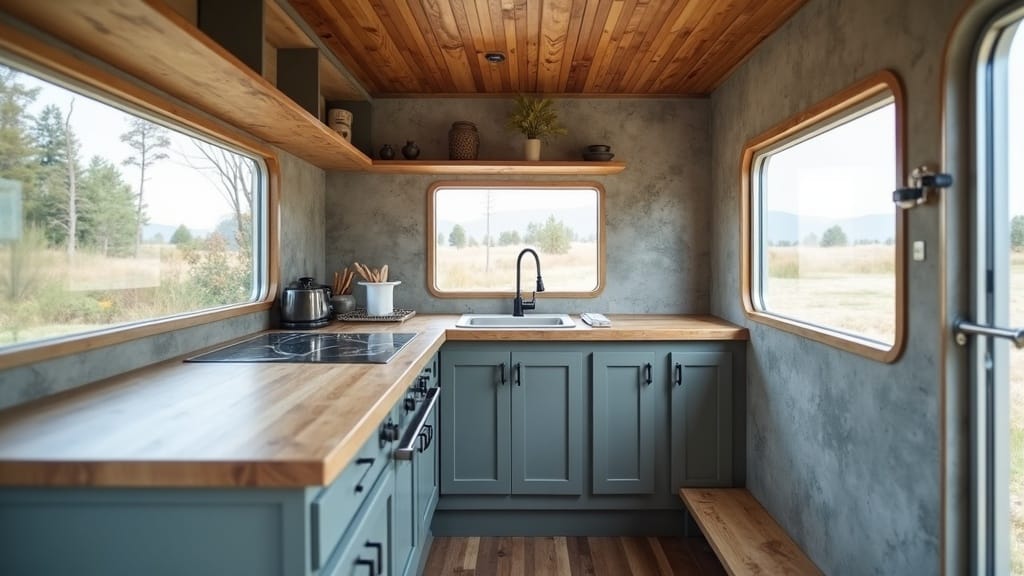 Camper counter transformation using concrete-look contact paper