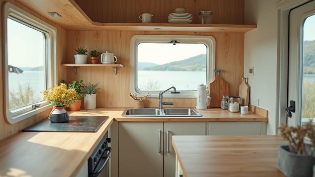 Compact camper kitchen with light butcher-block contact paper countertop