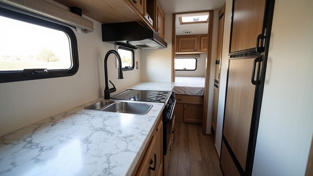 Renovated camper kitchenette countertop in black granite contact paper