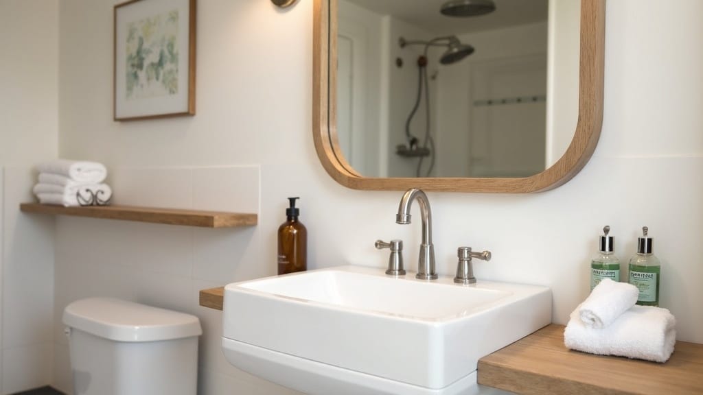 Renovated camper bathroom with floating wood shelf