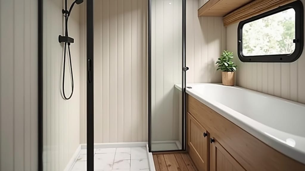 Compact camper bathroom with modern spa decor