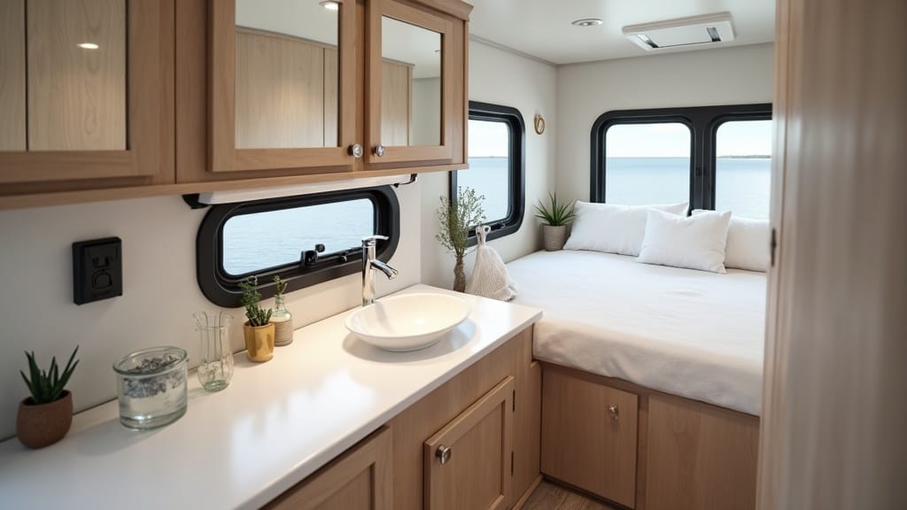 Camper mini bathroom with rain shower head