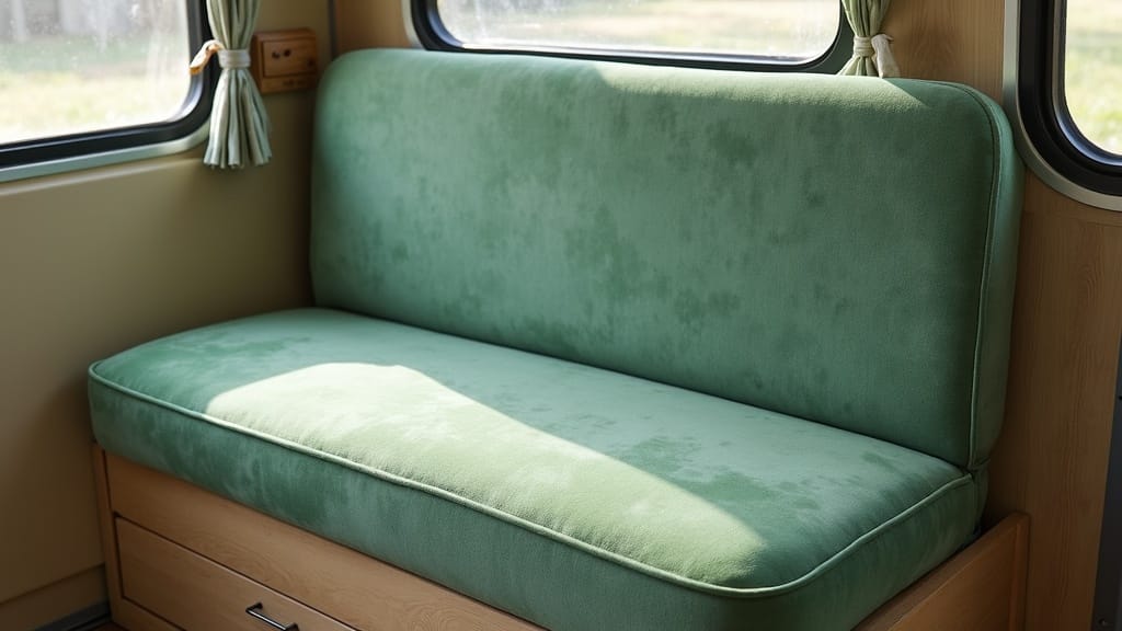 Freshly reupholstered camper bench seat in sage green velvet fabric