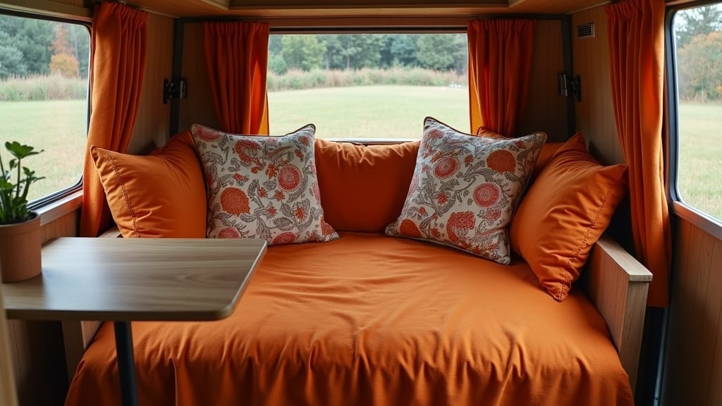 DIY camper van seating reupholstered in warm terracotta linen