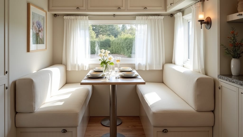 Renovated camper dinette booth with new cream boucle fabric seating