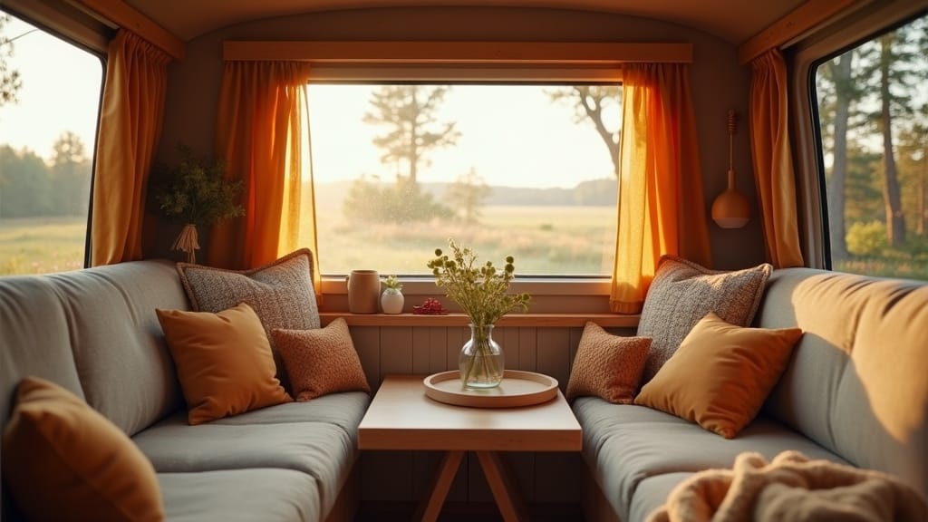 Cozy camper sitting area with freshly upholstered cushions in earthy tones