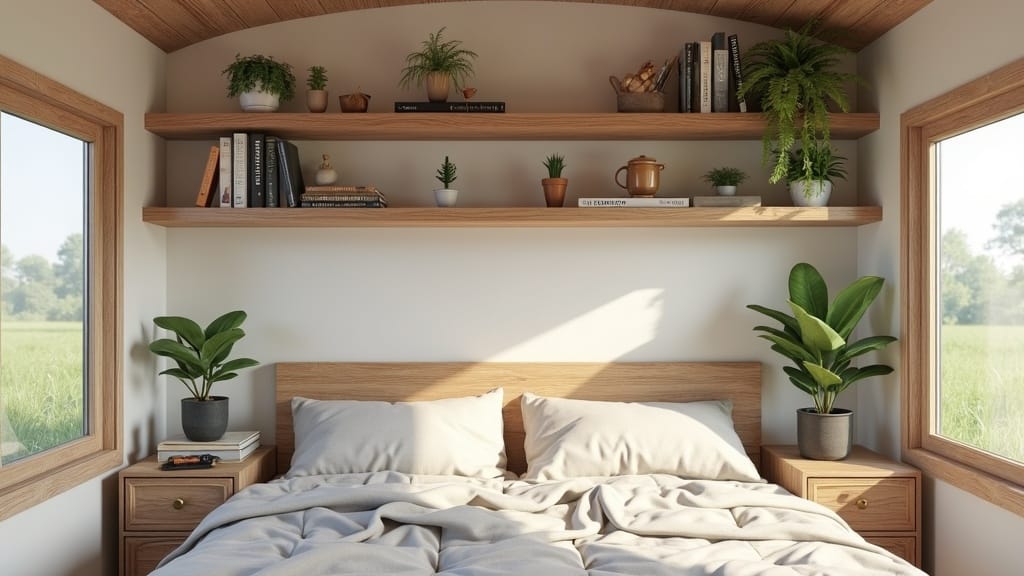 Camper interior wall with floating wood open shelves