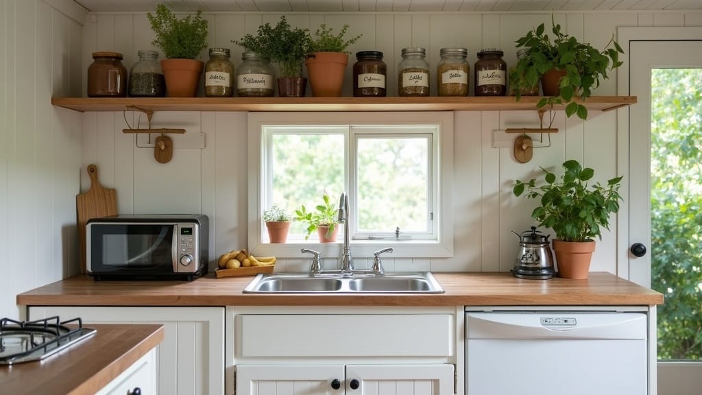 Renovated camper kitchen with open shelves above counter