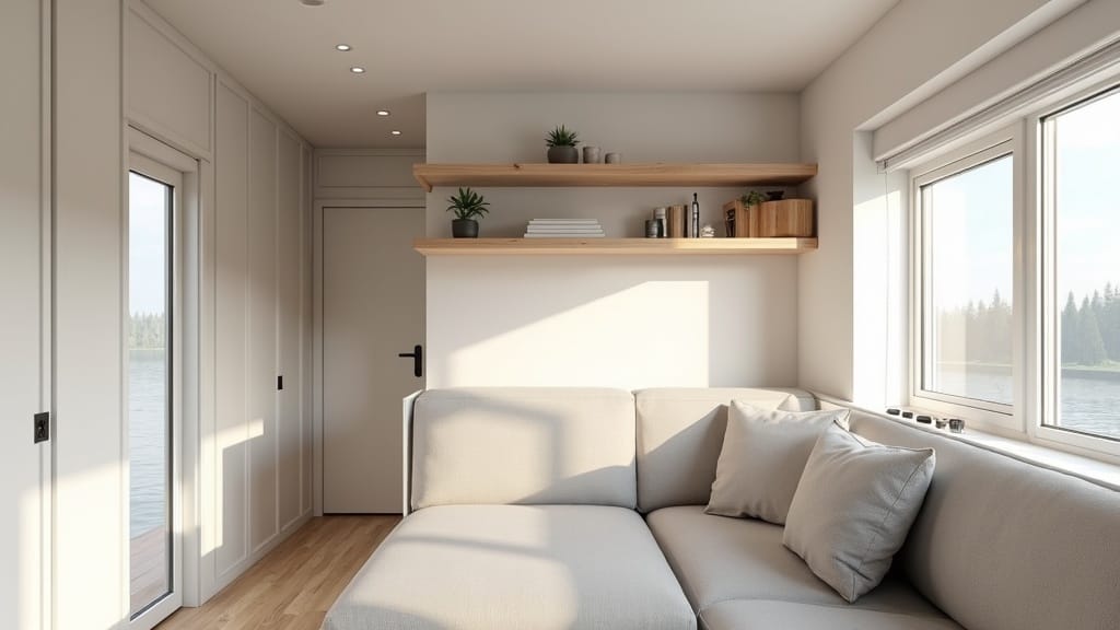 Compact camper living area with wall-mounted open shelves