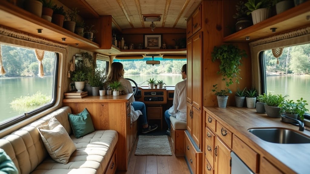 Camper van open shelf system with macrame accents