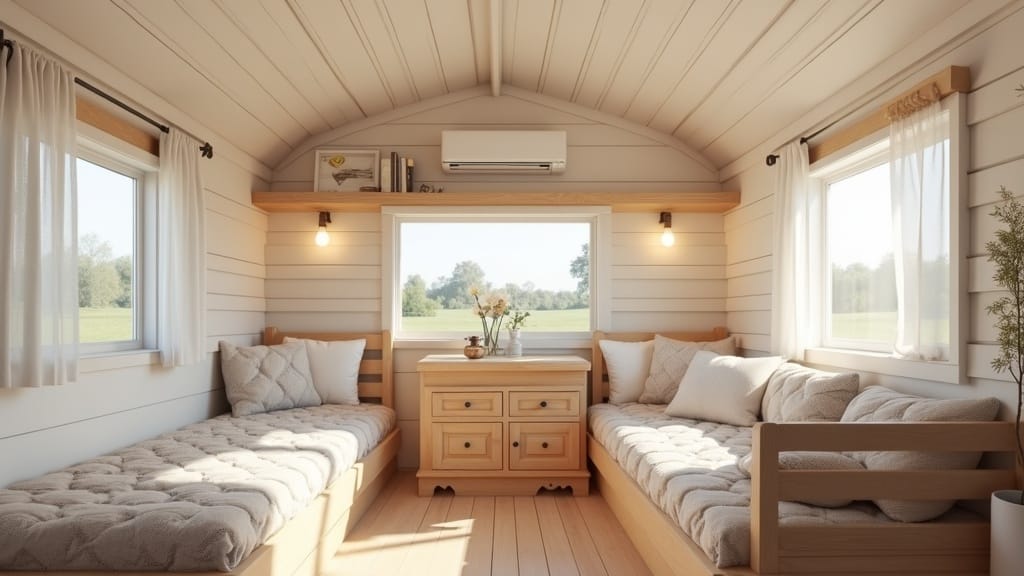 Camper interior with shiplap white statement ceiling