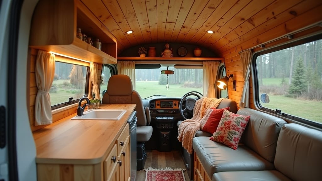 DIY camper van with peel-and-stick wood panel ceiling