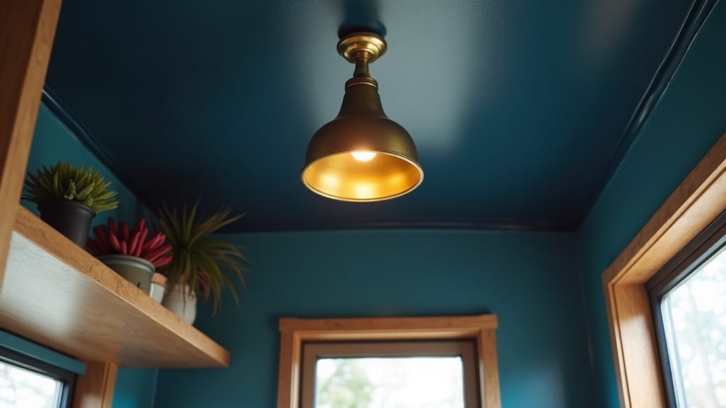Renovated camper ceiling painted in deep navy blue