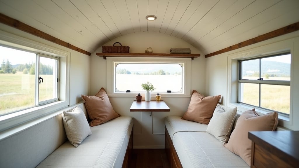 Camper interior with beadboard white ceiling