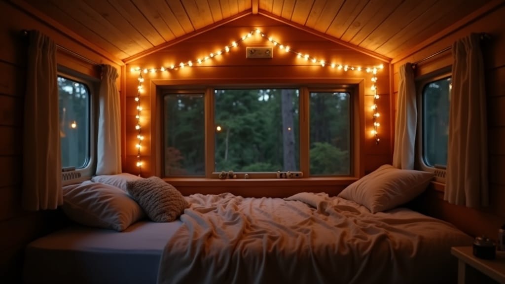 Cozy camper with fairy lights strung across ceiling