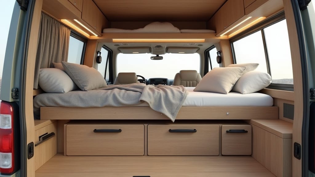Camper van bed platform with built-in drawers underneath