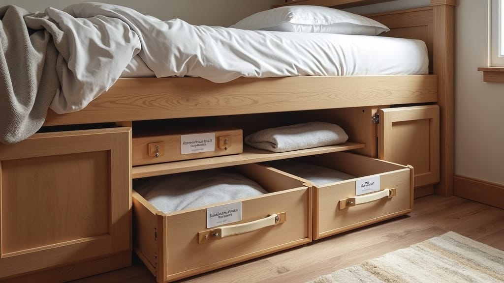 DIY camper under-bed storage with pull-out bins