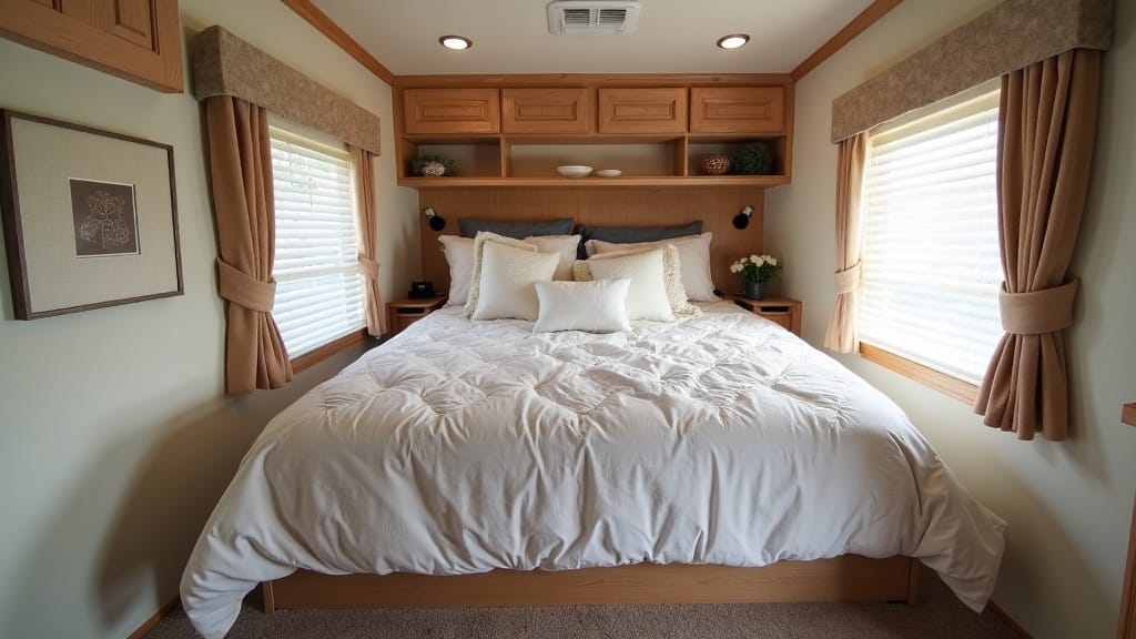 Renovated camper bedroom showing lift-up bed platform with hidden storage compar