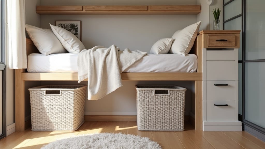 Compact camper sleeping area with under-bed rolling storage baskets