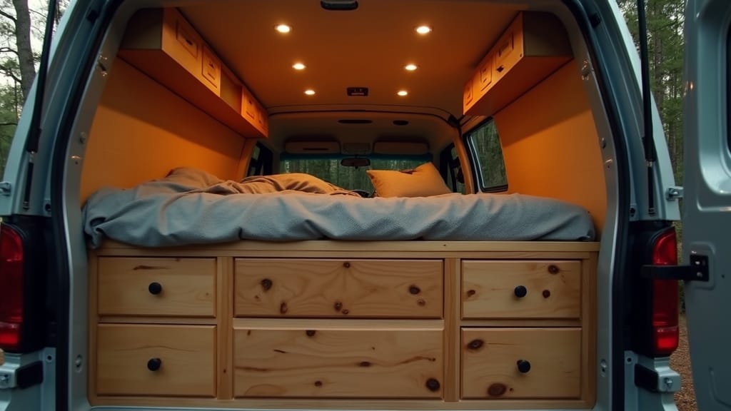 Camper van hidden bed storage with custom wooden drawers