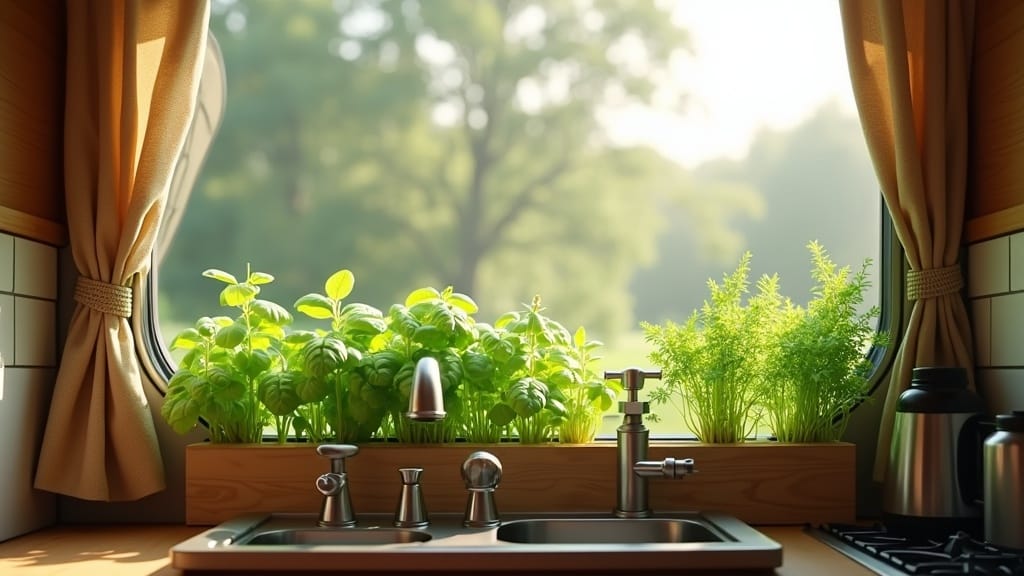 Compact camper with fresh herb garden on windowsill