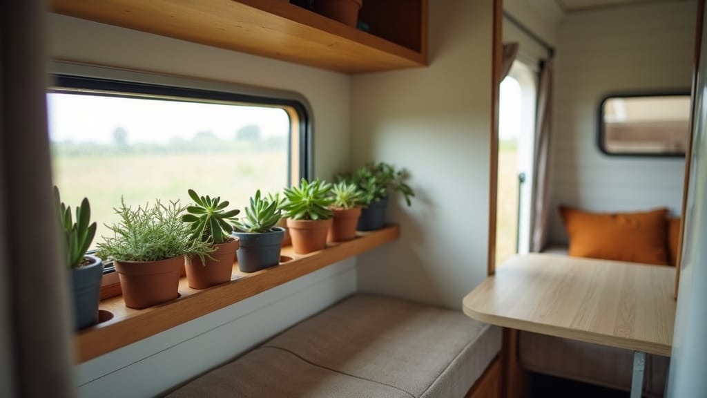 Cozy camper interior with hanging pothos plants by the window