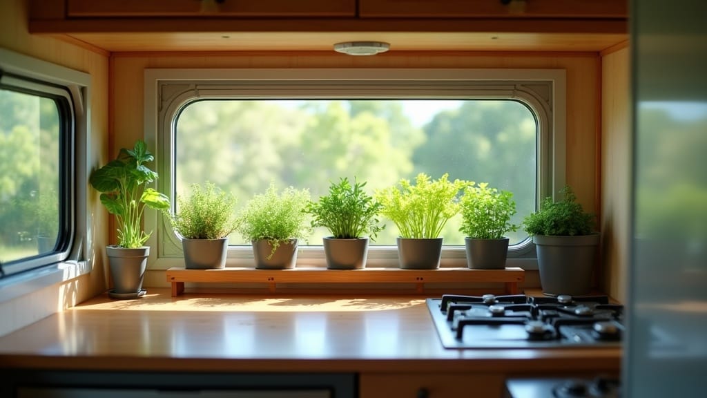 Renovated camper living area with trailing ivy and air plants